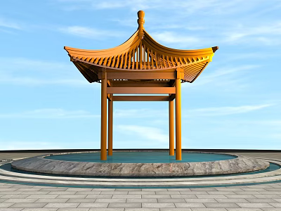 Traditional Yellow Landscape Pavilion With Water Pool And Stone Paved Ground Under Blue Sky 3d model