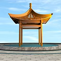 Traditional Yellow Landscape Pavilion With Water Pool And Stone Paved Ground Under Blue Sky