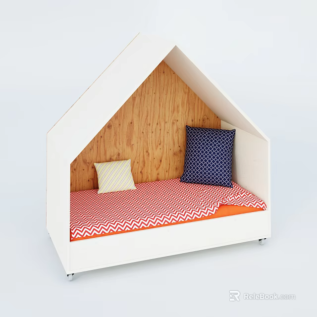 Cute House Shaped Children's Bed with Wooden Backboard Red White Zigzag Mattress and Pillows 3d model 