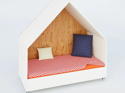 Cute House Shaped Children's Bed with Wooden Backboard Red White Zigzag Mattress and Pillows 3d model