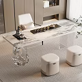 Modern Tea Table and Chairs with Marble Tabletop Transparent Crystal Legs and White Stools