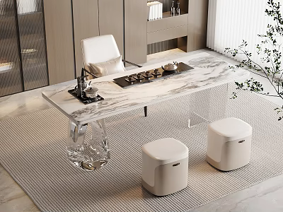 Modern Tea Table and Chairs with Marble Tabletop Transparent Crystal Legs and White Stools 3d model