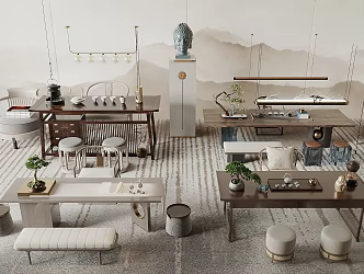 New Chinese Style Tea Table and Chair Combination Tea Set Ornaments Buddha's Head Ornaments Tea Table Sitting Stool 3d model
