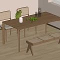 Minimalist Dining Table Set with Wooden Woven Backrest Chairs Bench and Green Plant with Limes