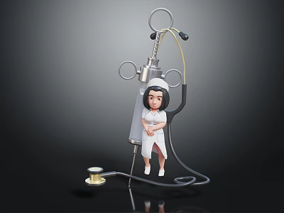 Cute Cartoon Nurse Character in White Uniform with Large Syringe and Stethoscope 3d model