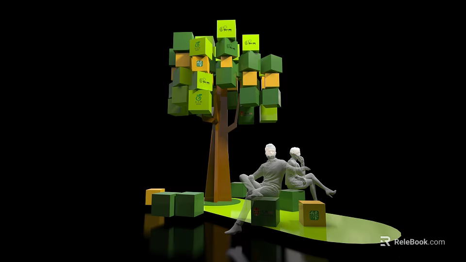 Instagrammable Photo Spot With Green Orange Cube Tree And Sitting Figures On Green Platform 3d model 