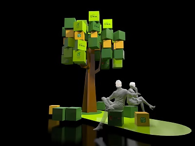 Instagrammable Photo Spot With Green Orange Cube Tree And Sitting Figures On Green Platform 3d model
