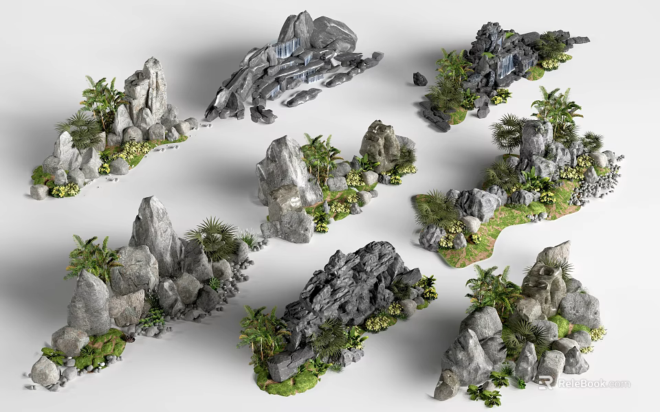 Artificial Rockery Stones With Naturalistic Shapes And Green Plants For Garden Decoration 3d model 