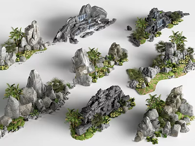 Artificial Rockery Stones With Naturalistic Shapes And Green Plants For Garden Decoration 3d model
