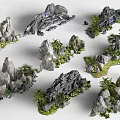 Artificial Rockery Stones With Naturalistic Shapes And Green Plants For Garden Decoration