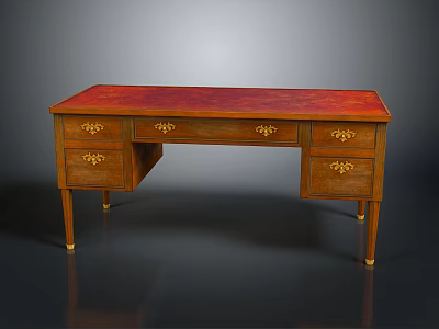 Vintage Wooden Writing Desk with Red Leather Desktop and Gold Decorative Handles 3d model
