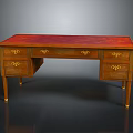 Vintage Wooden Writing Desk with Red Leather Desktop and Gold Decorative Handles