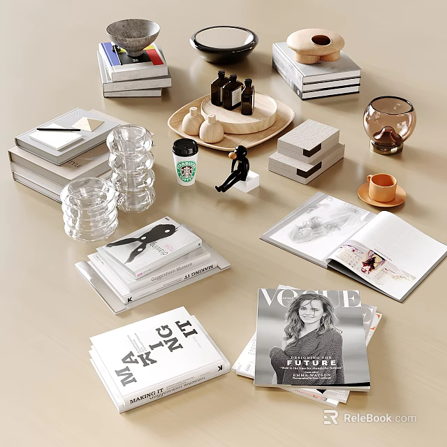 Stylish Stacked Books And Open Magazines With Decorative Items On Table 3d model 