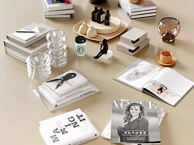 Stylish Stacked Books And Open Magazines With Decorative Items On Table 3d model