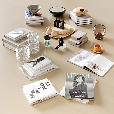 Stylish Stacked Books And Open Magazines With Decorative Items On Table 3d model
