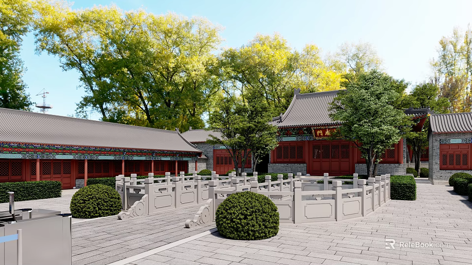 Ancient Chinese Architecture Courtyard With Stone Railings Red Walls Gray Roofs And Lush Trees 3d model 