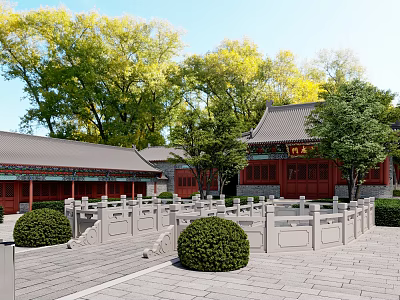 Ancient Chinese Architecture Courtyard With Stone Railings Red Walls Gray Roofs And Lush Trees 3d model