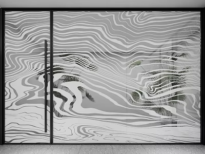 Wavy Textured Glass Door With Black Frame And Green Plants Background 3d model
