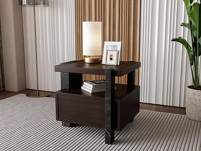 Dark Wood Bedside Table With Storage Drawer Open Shelf Lamp Photo Frame And Books 3d model