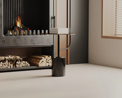 Modern Side Table With Stacked Books Beside Fireplace And Burning Wood Logs 3d model