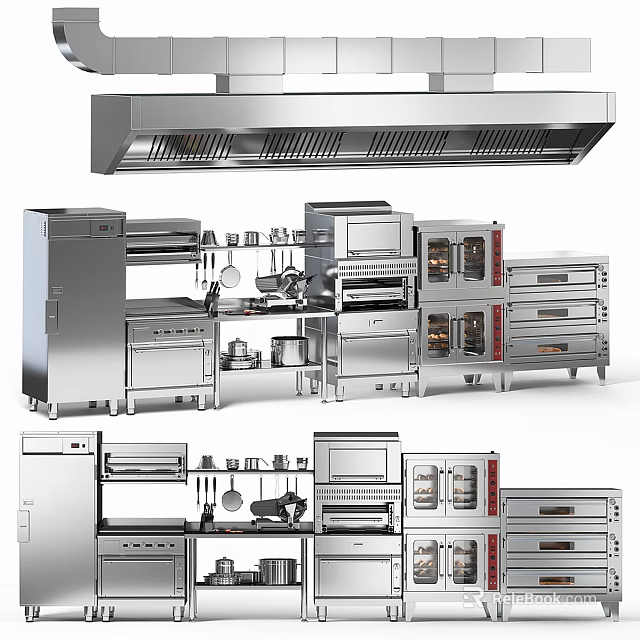 Stainless Steel Kitchen Appliances Including Oven Refrigerator Microwave And Range Hood 3d model 