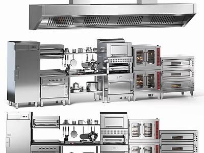Stainless Steel Kitchen Appliances Including Oven Refrigerator Microwave And Range Hood 3d model