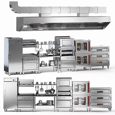 Stainless Steel Kitchen Appliances Including Oven Refrigerator Microwave And Range Hood 3d model