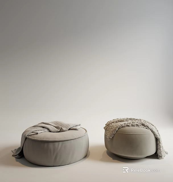 Light Gray Ottomans with Soft Blanket and Textured Throw in Modern Minimalist Living Room Decor 3d model 