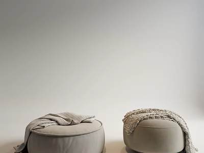 Light Gray Ottomans with Soft Blanket and Textured Throw in Modern Minimalist Living Room Decor 3d model