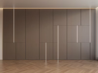 Modern Interior Design With Wooden Wall Panels Built in Light Strips And Herringbone Floor 3d model
