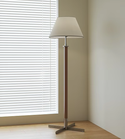 Floor Lamp With Light Shade And Brown Pole Near White Blinds Light Colored Wall 3d model