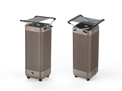 Two Brown Upright Air Purifiers With Mesh Top And Rolling Wheels Design 3d model