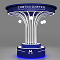 Modern Circular Exhibition Cabinet Shelf With White Curved Pillars Blue Glowing Base And Design Theme