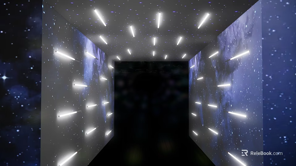 Starry Sky Theme Photo Spot With Corridor Walls Strip Lights And Dark Floor 3d model 