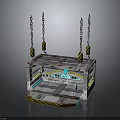 Industrial Lifting Platform Structure With Hanging Chains Yellow Hoisting Rings And Blue Lighting