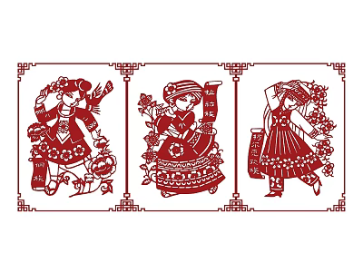 Traditional Red Paper Cut Art With Decorative Borders And Cultural Figures 3d model
