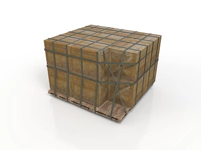 Sturdy Wooden Crate With Metal Straps On Pallet For Household Items Storage 3d model