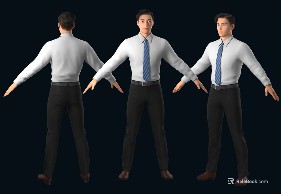 Man With Arms Outstretched In White Shirt Blue Tie Black Pants Brown Shoes Three Angles 3d model 