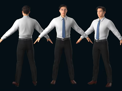 Man With Arms Outstretched In White Shirt Blue Tie Black Pants Brown Shoes Three Angles 3d model