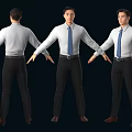 Man With Arms Outstretched In White Shirt Blue Tie Black Pants Brown Shoes Three Angles
