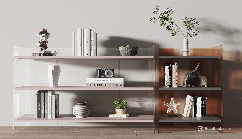 Modern Shelving Unit With Books Vintage Camera Decorative Statue Ceramic Vase And Small Plant 3d model 