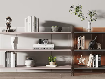 Modern Shelving Unit With Books Vintage Camera Decorative Statue Ceramic Vase And Small Plant 3d model