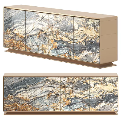 Elegant Modern Entryway Console Cabinet With Gray White Marble Texture And Gold Accents 3d model