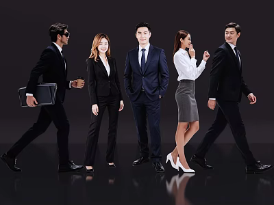 Group of Business Professionals in Formal Attire Walking on Dark Background 3d model