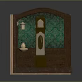Room Model With Green Patterned Wallpaper Wooden Door Framed Painting Wall Sconces And Wooden Flooring