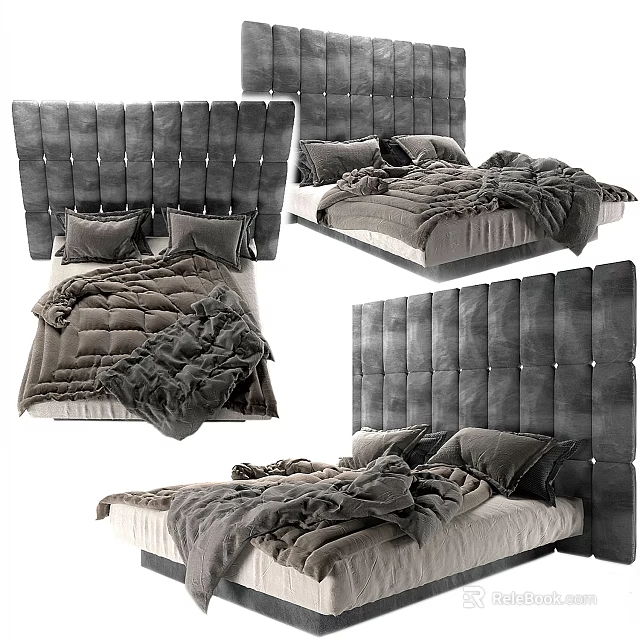 Modern Double Bed with Upholstered Gray Headboard Button Tufting and Cozy Gray Bedding 3d model 