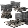 Modern Double Bed with Upholstered Gray Headboard Button Tufting and Cozy Gray Bedding 3d model