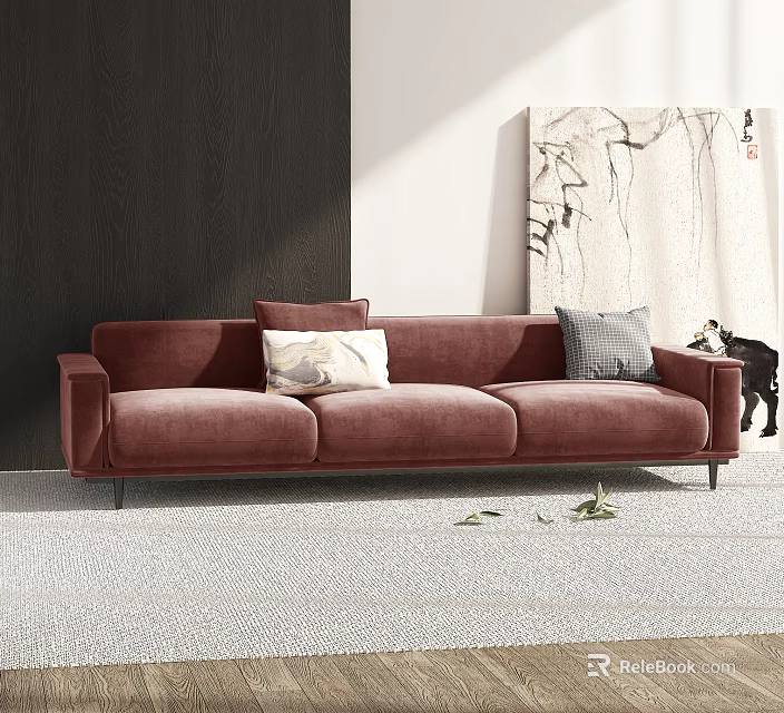 Burgundy Velvet Three-Seater Sofa With Decorative Pillows Abstract Painting And Light Rug 3d model 