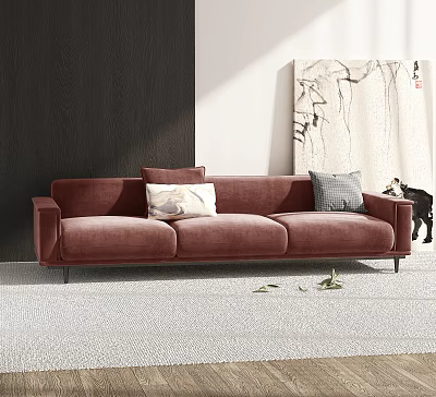 Burgundy Velvet Three-Seater Sofa With Decorative Pillows Abstract Painting And Light Rug 3d model