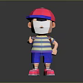 3D Cartoon Character Wearing Pink Cap White Mask Striped Shirt Blue Shorts Pink Shoes